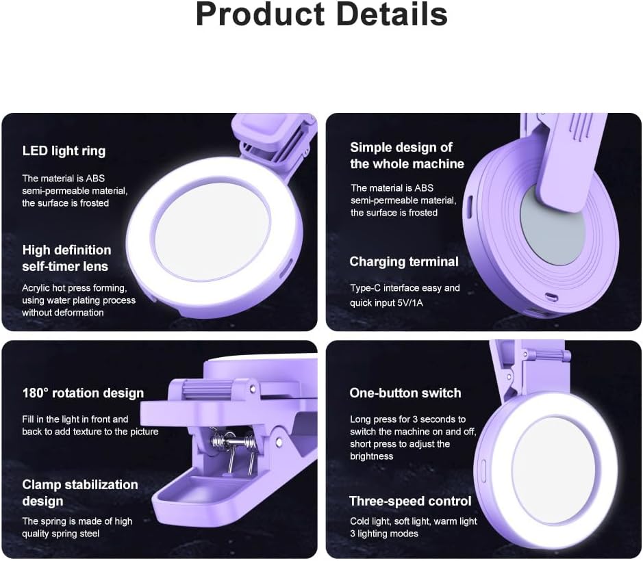Mini 9-color Pocket Fill Light LED Selfie Ring Light Portable Light Purple