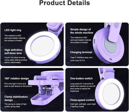 Mini 9-color Pocket Fill Light LED Selfie Ring Light Portable Light Purple
